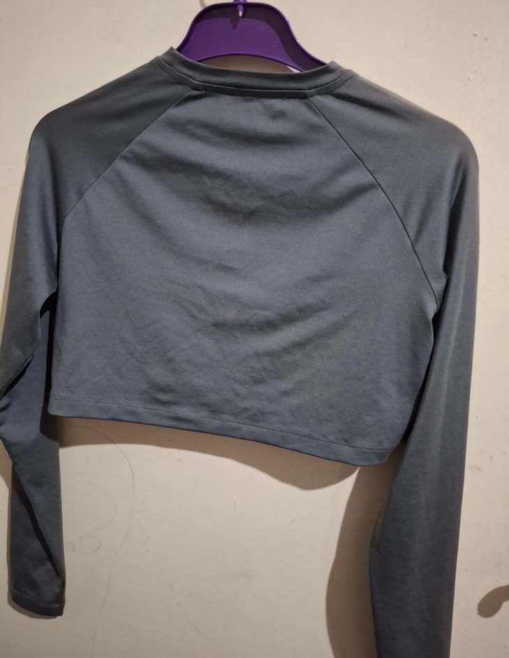 Gri Uzun Kollu spor Crop Top Kadın - Görsel 2