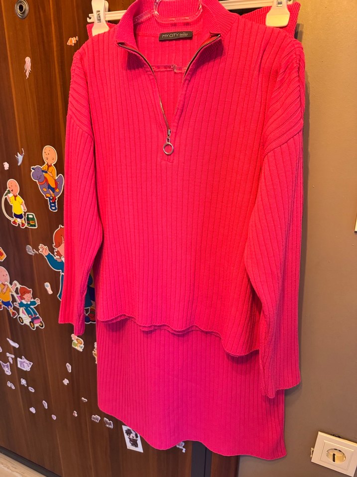 Pembe Yarım Fermuarlı Yüksek Yaka Triko Kazak Etek takım - Görsel 2