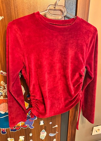 Kırmızı Kadın Kadife Uzun Kollu Bluz - Görsel 2