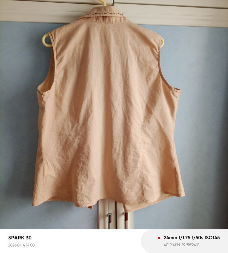 Bej Kolsuz Keten Gömlek, Düğmeli, Normal Boy - Görsel 2