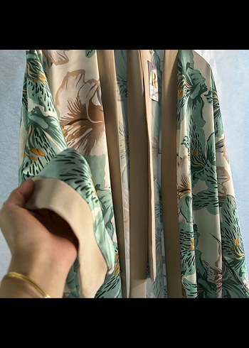 42 Beden Uzun Yeşil Desenli Bohem Kadın Kimono
