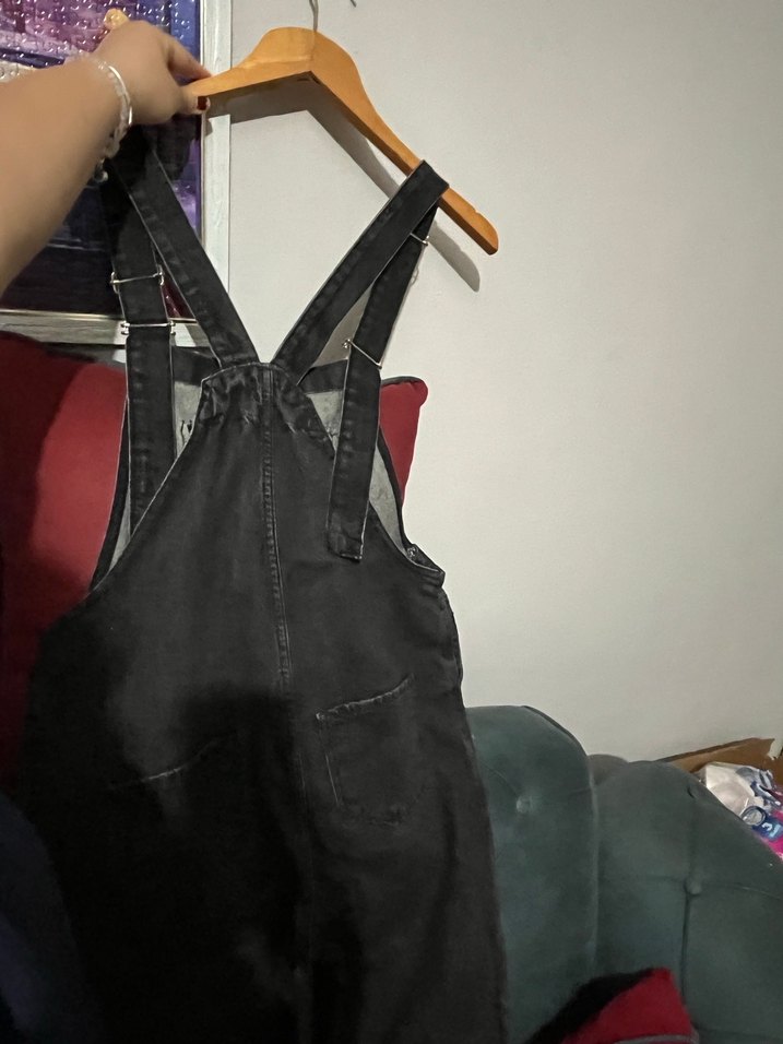 Kadın Siyah Denim Askılı Tulum Salopet - Görsel 3