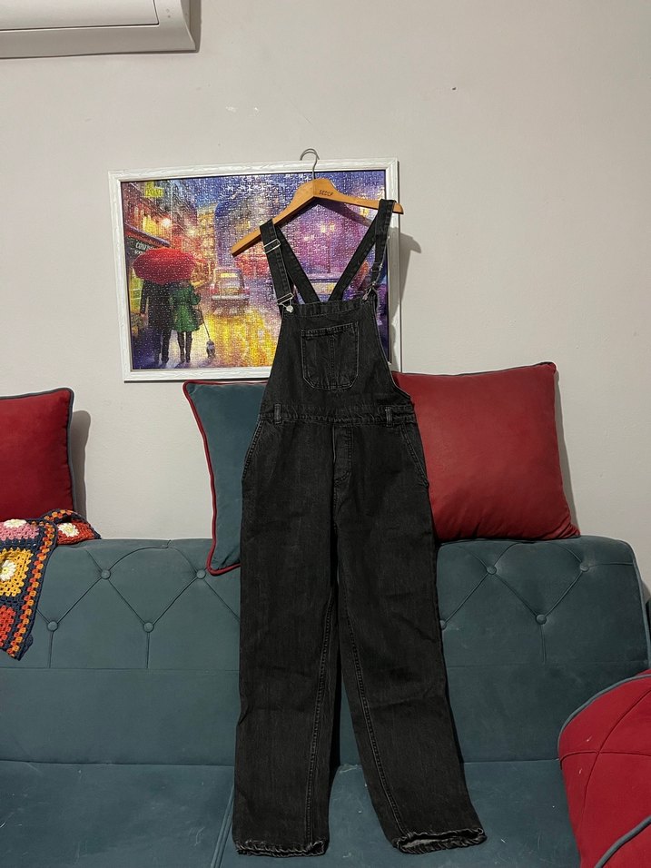 Kadın Siyah Denim Askılı Tulum Salopet - Görsel 2