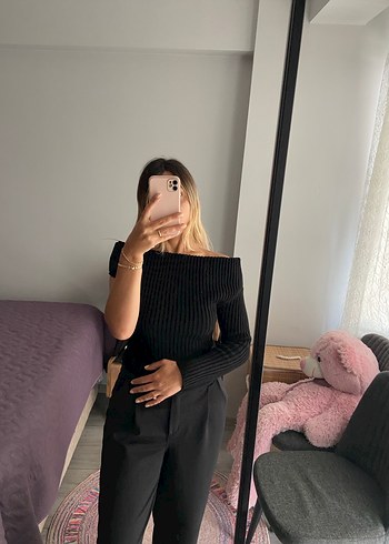 Diğer Siyah Straplez Midi Triko Kazak