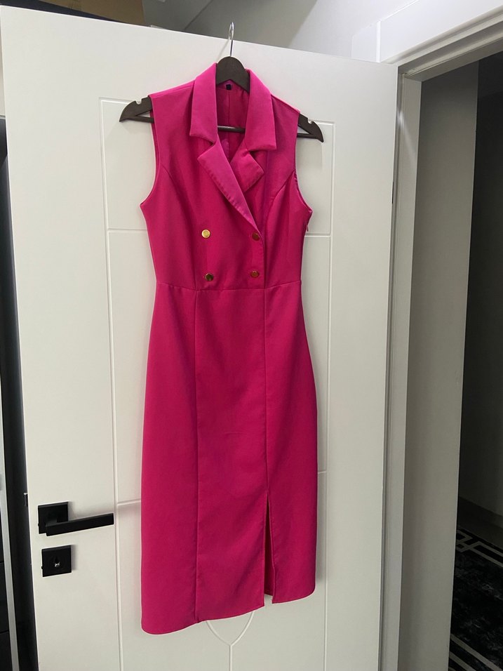 Pembe Düğmeli Midi  Elbise - Görsel 2