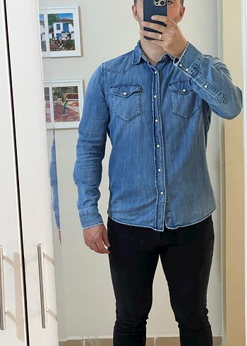 Mavi Düğmeli Denim erkek Gömlek - Görsel 2