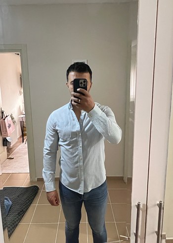 Mavi Düğmeli Denim erkek Gömlek - Görsel 4