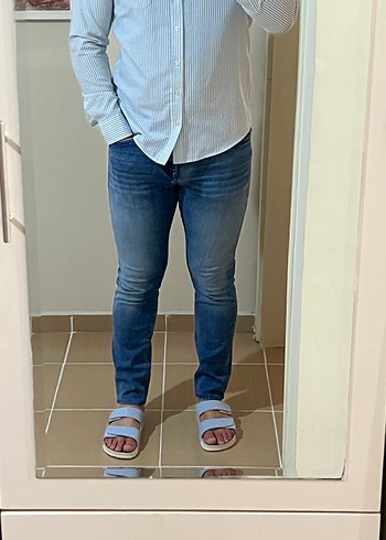 Mavi Düğmeli Denim erkek Gömlek - Görsel 5