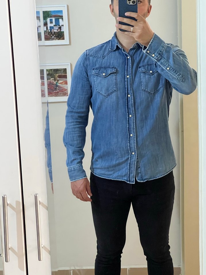 Mavi Düğmeli Denim erkek Gömlek - Görsel 2