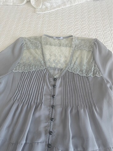 Danteli gri mavi kollu elbise - Görsel 4