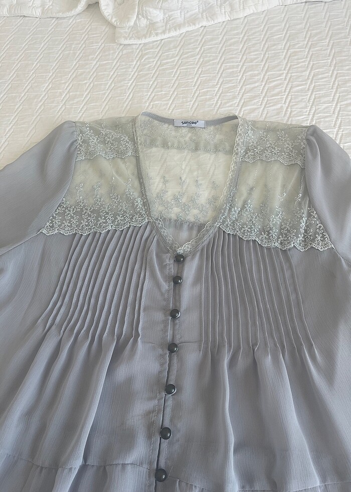 Danteli gri mavi kollu elbise - Görsel 4