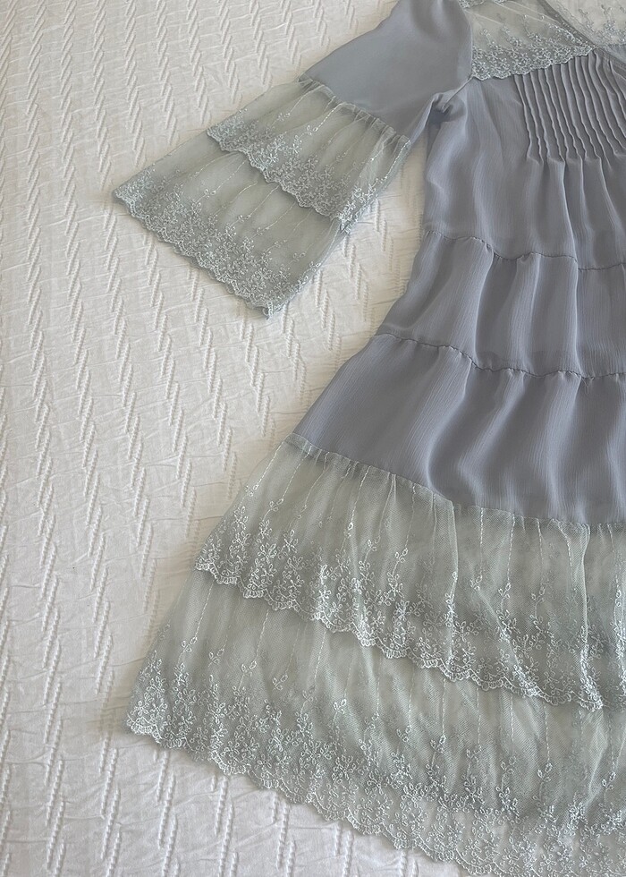 Danteli gri mavi kollu elbise - Görsel 3