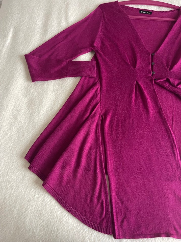 Fuşya renk merino yünlü ince şık hırka - Görsel 2