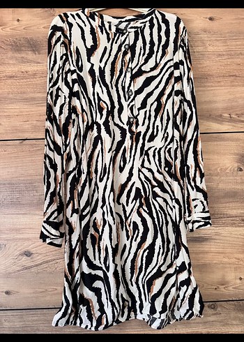 LC Waikiki Kahverengi Zebra Desenli Uzun Kollu Bohem Elbise