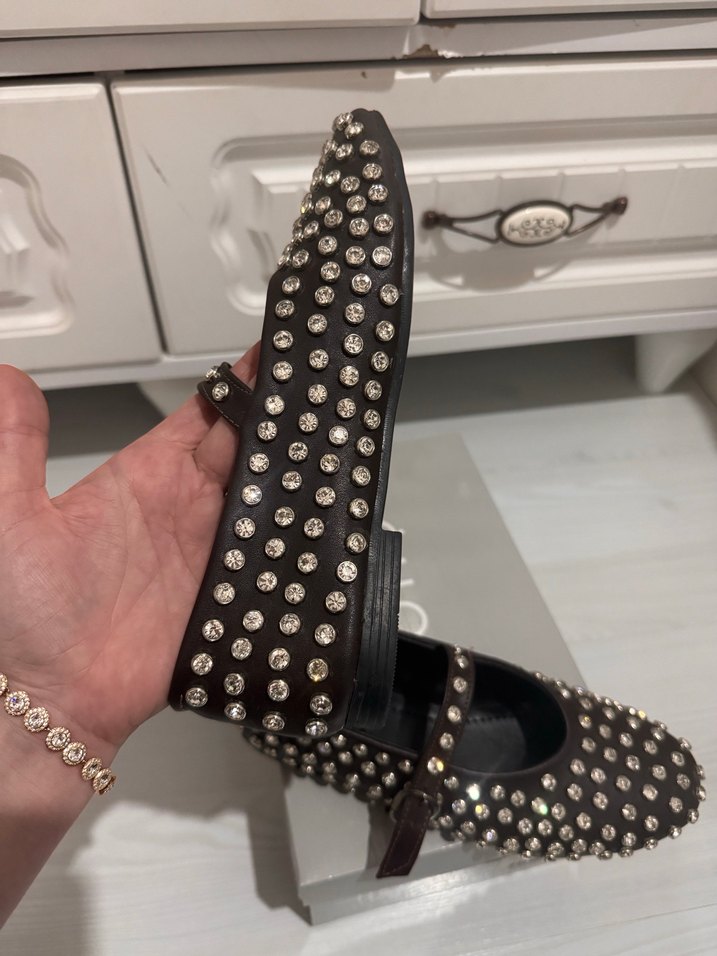 Kız Kahverengi Tokalı Taşlı Ayakkabı Babet - Görsel 2