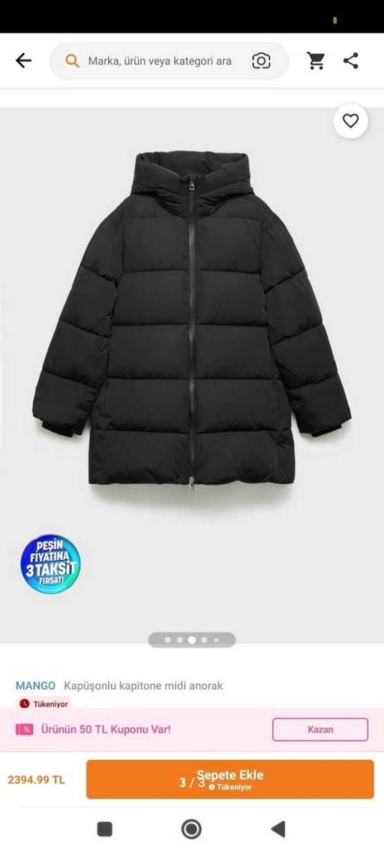 MANGO Siyah Kapüşonlu Kapitone Midi Anorak - Görsel 3