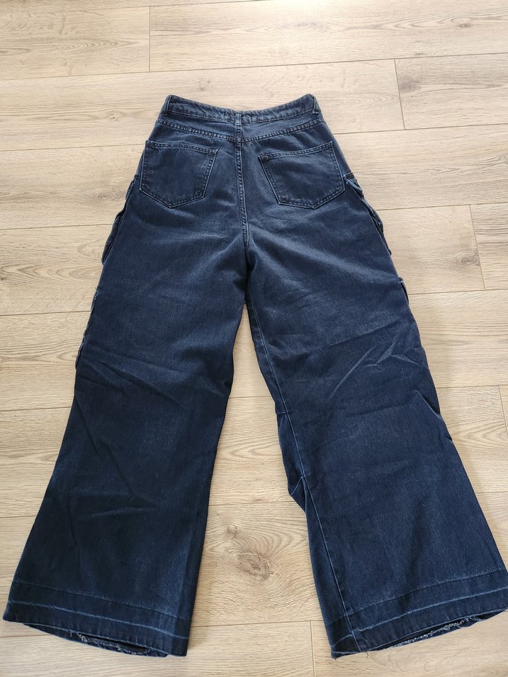 Kemerli Lacivert Geniş Paça Kadın Kot Pantolon - Görsel 2