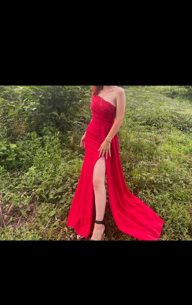 Kırmızı Straplez Uzun Drapeli Abiye Elbise - Görsel 4