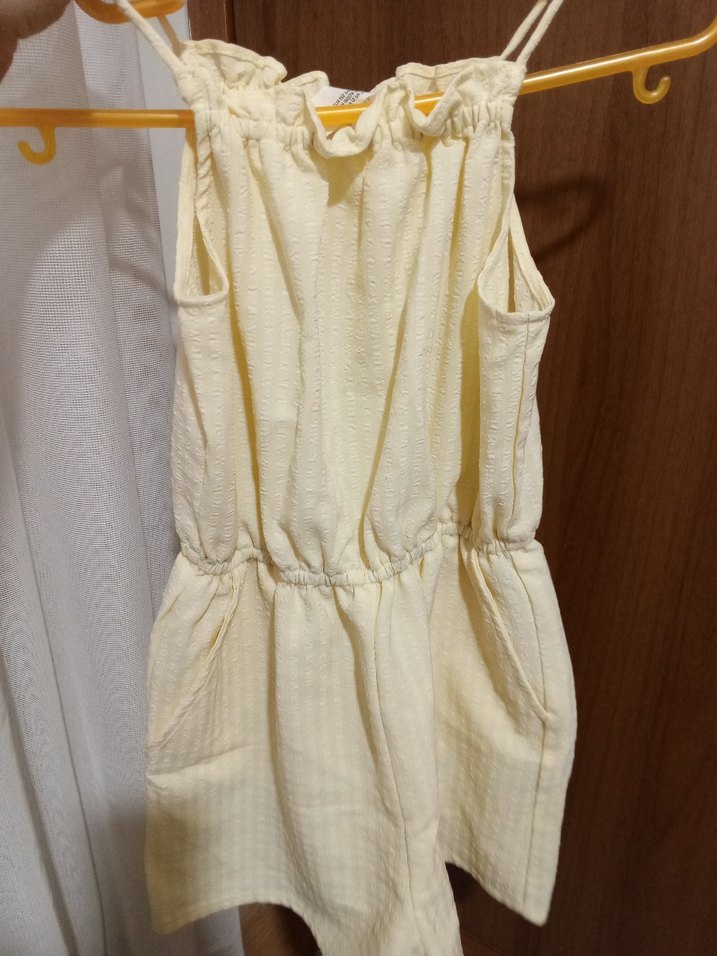 Kız Çocuk Sarı Keten Volanlı Askılı tulum - Görsel 2