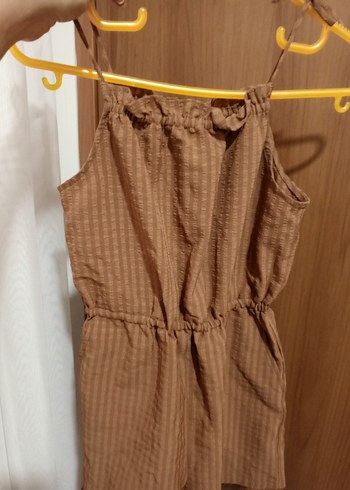 Kızlar için kahverengi keten askılı tulum - Görsel 2