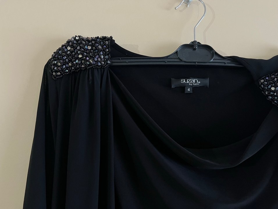 Siyah Uzun Kollu Drapeli Gece Elbisesi - Görsel 3