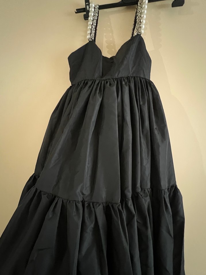 Siyah Uzun Drapeli Straplez Elbise - Görsel 4