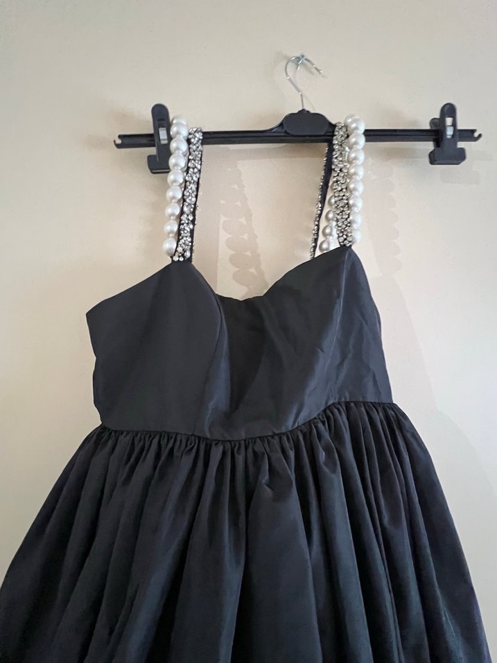 Siyah Uzun Drapeli Straplez Elbise - Görsel 3