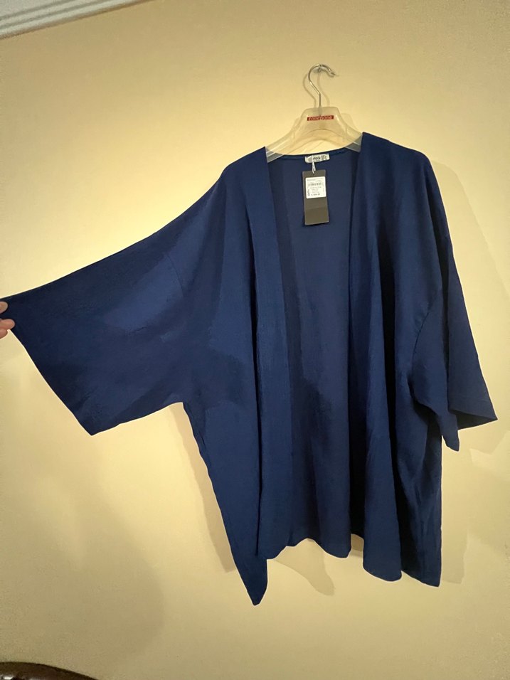 Lacivert Keten Midi Kadın Kimono - Görsel 2