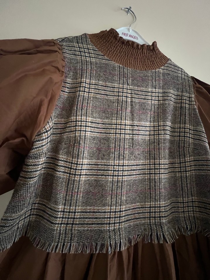 Kahverengi Kareli Midi Kadın Elbise - Görsel 3