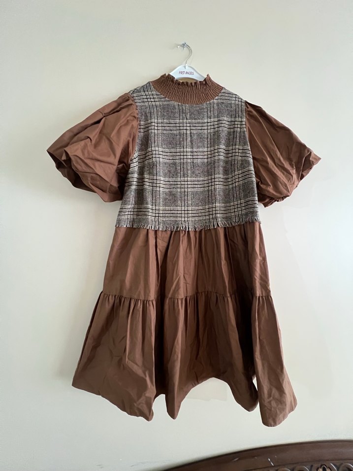 Kahverengi Kareli Midi Kadın Elbise - Görsel 2