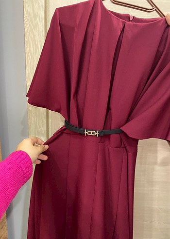 Bordo Saten Kemerli Uzun Elbise - Görsel 3