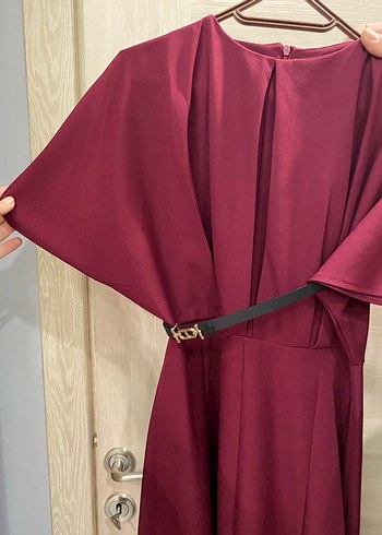 Bordo Saten Kemerli Uzun Elbise - Görsel 4