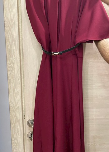 Bordo Saten Kemerli Uzun Elbise - Görsel 5