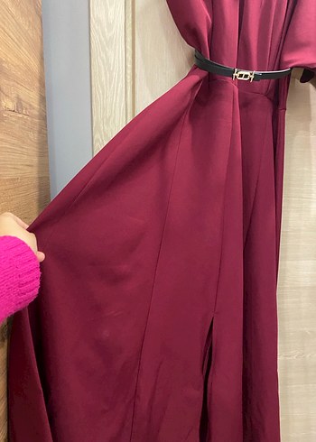 Bordo Saten Kemerli Uzun Elbise - Görsel 2