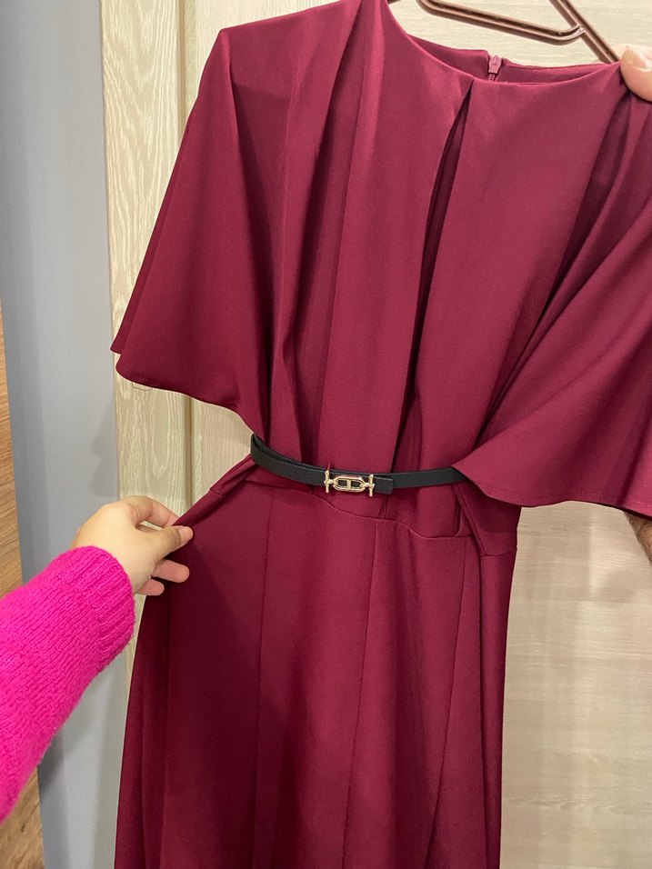 Bordo Saten Kemerli Uzun Elbise - Görsel 3