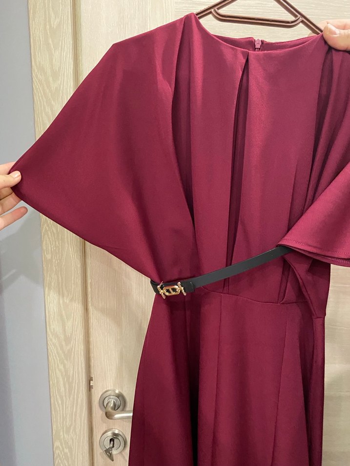 Bordo Saten Kemerli Uzun Elbise - Görsel 4