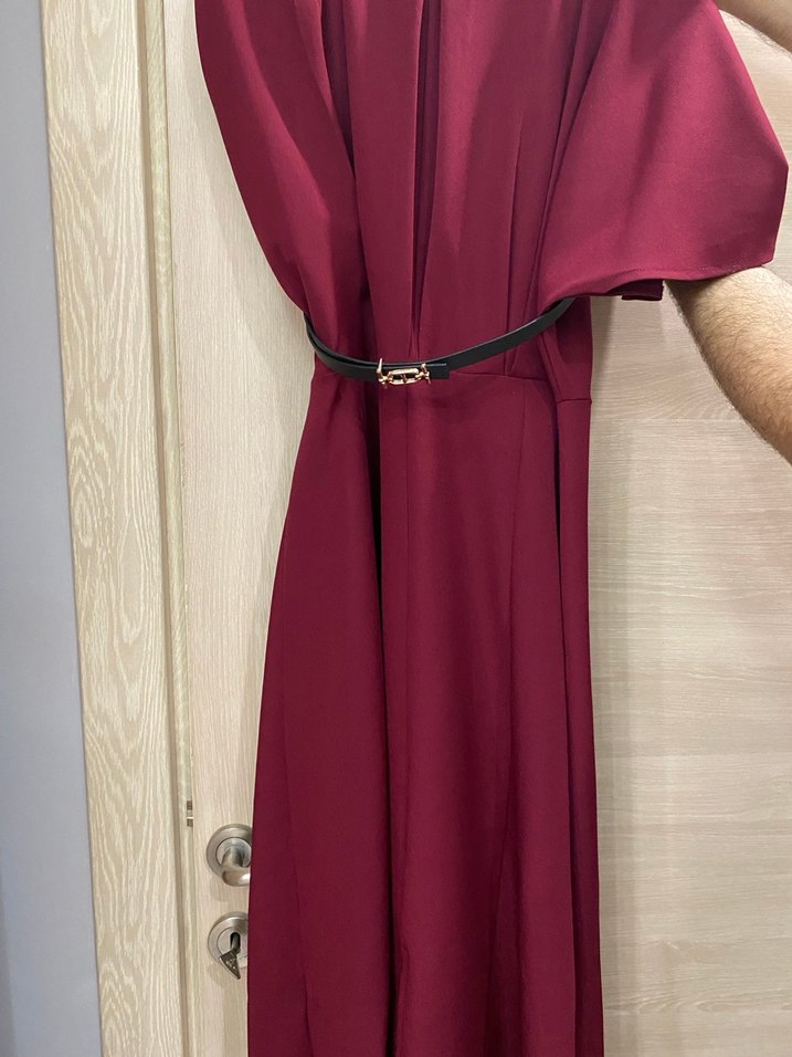 Bordo Saten Kemerli Uzun Elbise - Görsel 5