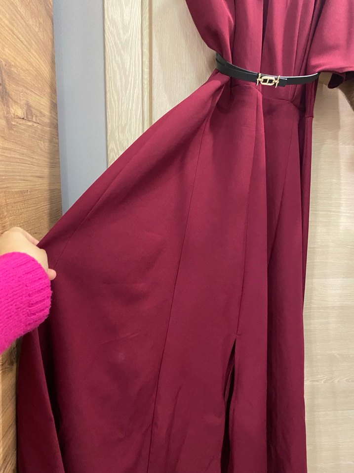 Bordo Saten Kemerli Uzun Elbise - Görsel 2