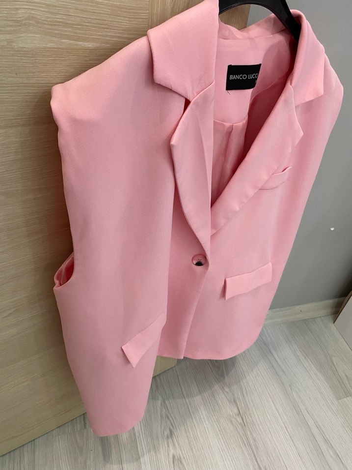 Pudra Pembe Kolsuz Mini Blazer - Görsel 4