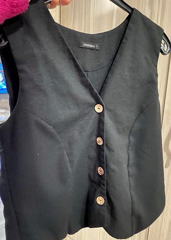 Düğmeli Siyah Keten Kadın Yelek - Görsel 5