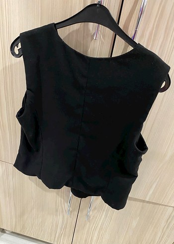 Düğmeli Siyah Keten Kadın Yelek - Görsel 4