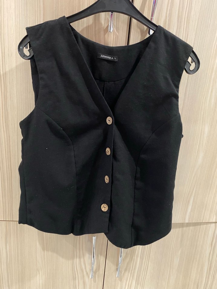 Düğmeli Siyah Keten Kadın Yelek - Görsel 2