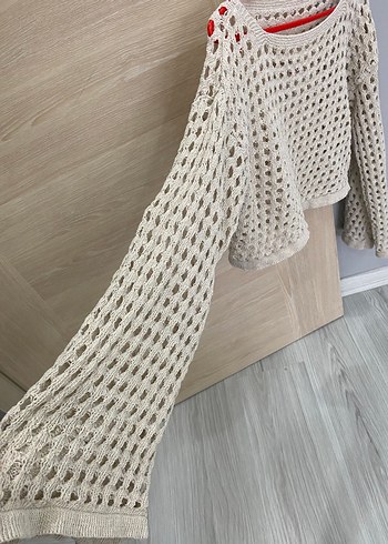 Bej Örgü Mini Kadın Kazak - Görsel 3