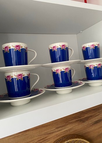 Mavi ve Pembe Gül Desenli Porselen Fincan Seti - Görsel 3