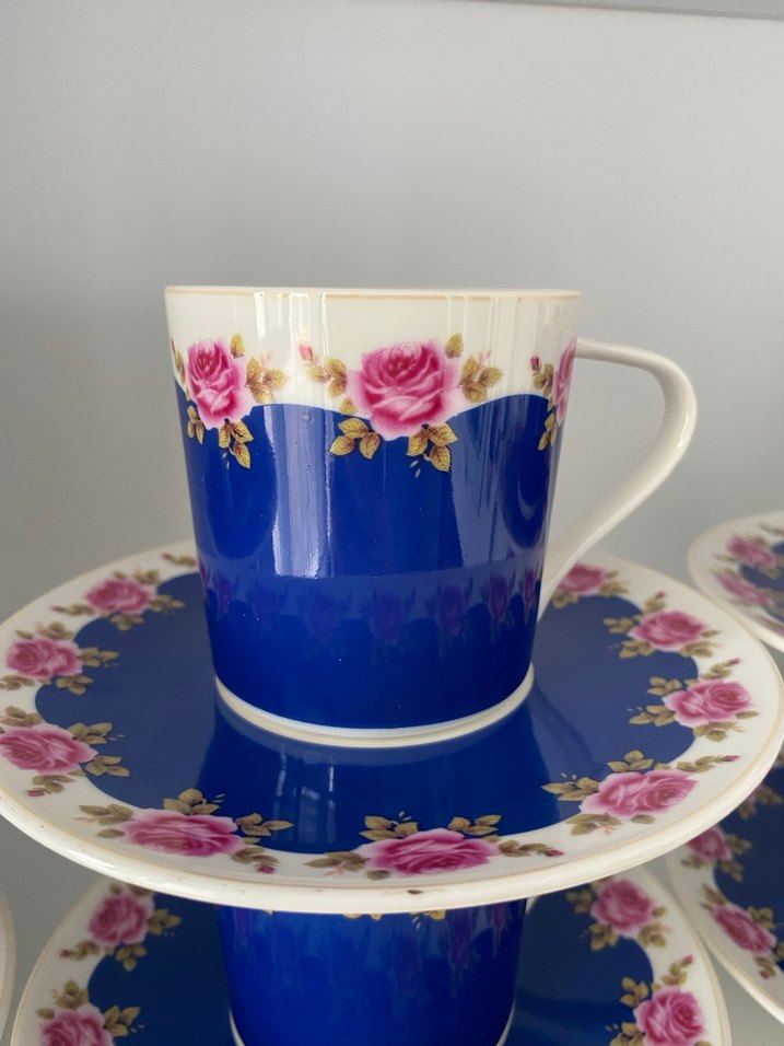 Mavi ve Pembe Gül Desenli Porselen Fincan Seti - Görsel 2