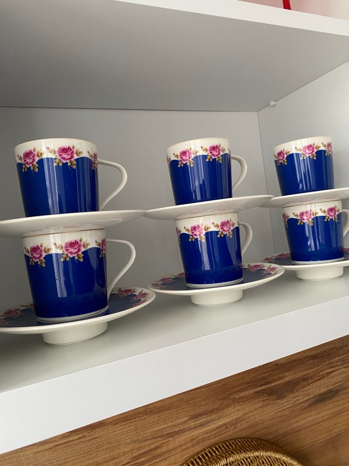 Mavi ve Pembe Gül Desenli Porselen Fincan Seti - Görsel 3