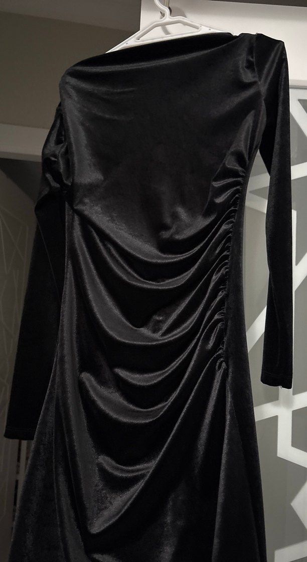 Siyah Uzun Kollu Drapeli Kadın Elbise - Görsel 2