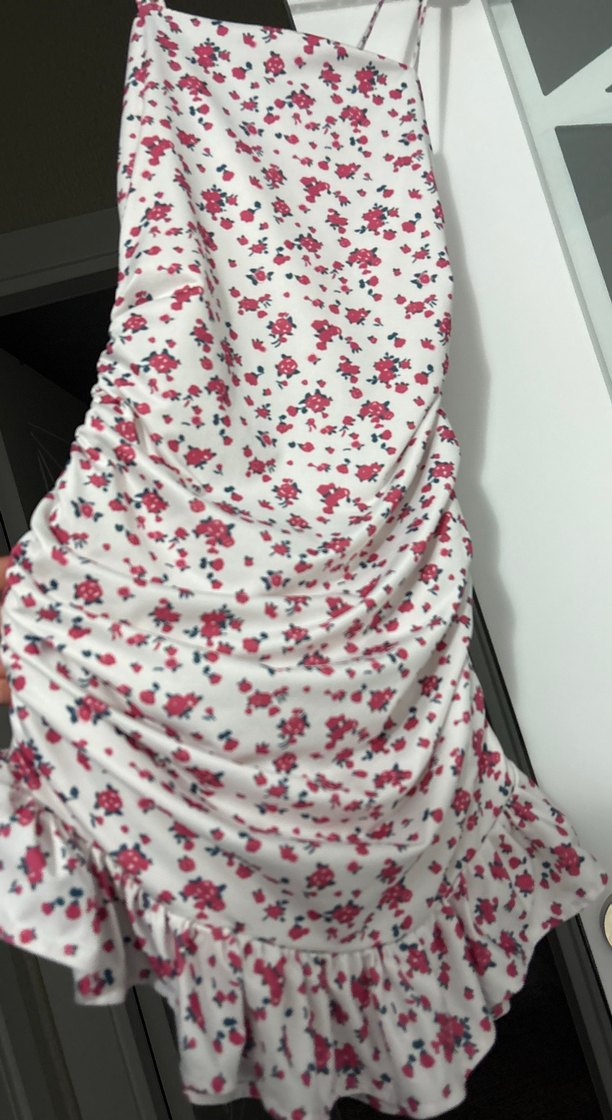 Çiçek Desenli Pembe Uzun Askılı Mini Elbise - Görsel 2