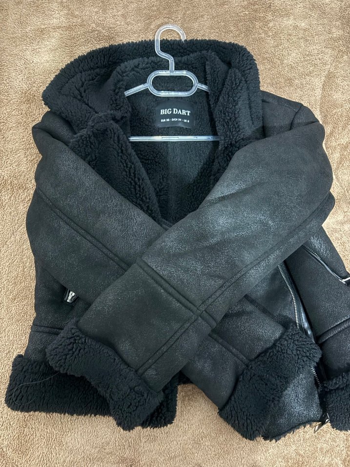 Siyah Süet Kürklü Biker Kadın Mont - Görsel 2