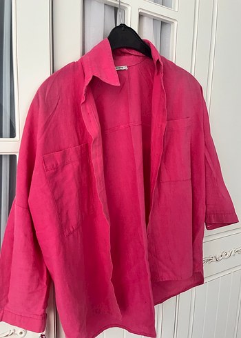 Pembe Keten Düğmeli Kadın Gömlek - Görsel 3